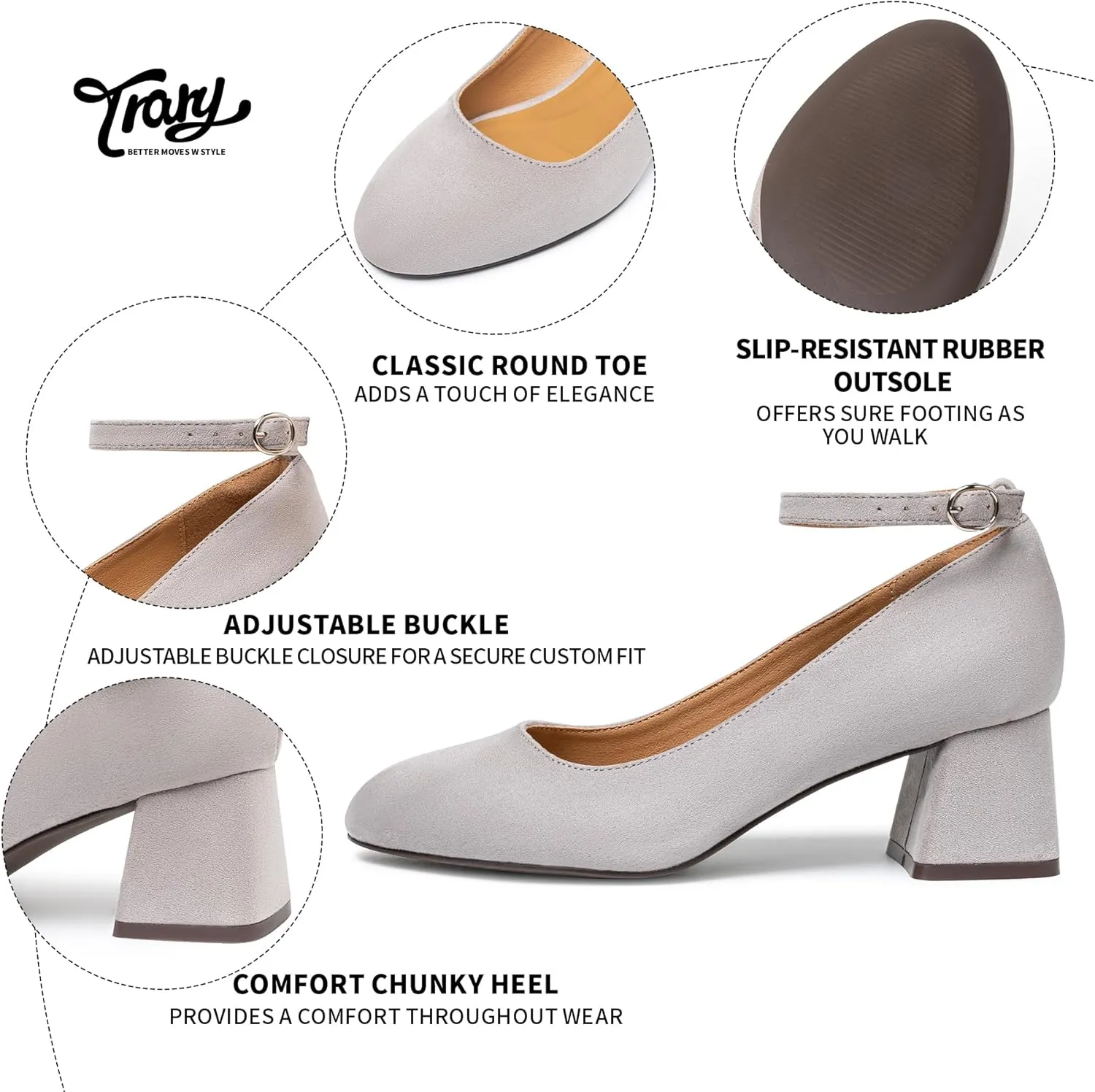 Trary Women's Chunky Low Heels Closed Round Toe Block Heels Mary Jane Shoes Adjustable Ankle Strap Pumps Comfortable Loafers Casual Dress Wedding Work Heels for Women