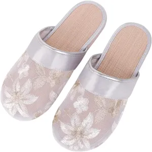 Women Embroidered Slippers Closed Toe Indoor Slipper Ladies Vintage Floral Sandals Mesh Flat Shoes Portable Non-slip Slides