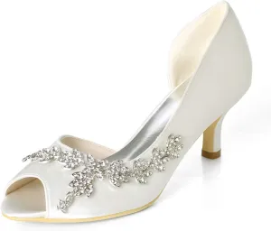 Women Kitten Heels Peep Toe Wedding Shoes Satin Bridal Pumps Formal Party Dress Shoes Y1195-08YL/6041-09YL