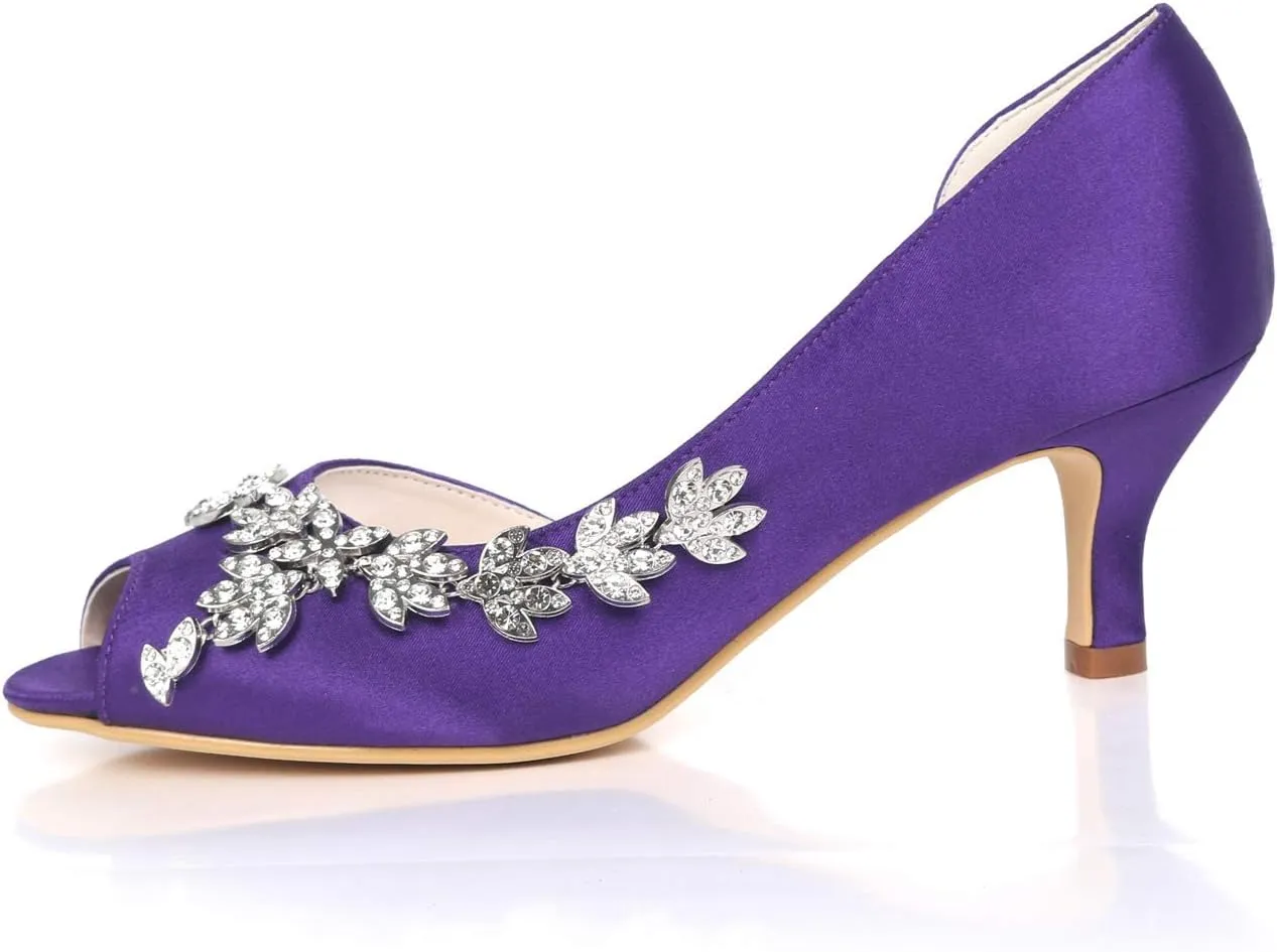 Women Kitten Heels Peep Toe Wedding Shoes Satin Bridal Pumps Formal Party Dress Shoes Y1195-08YL/6041-09YL