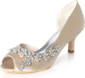 Women Kitten Heels Peep Toe Wedding Shoes Satin Bridal Pumps Formal Party Dress Shoes Y1195-08YL/6041-09YL