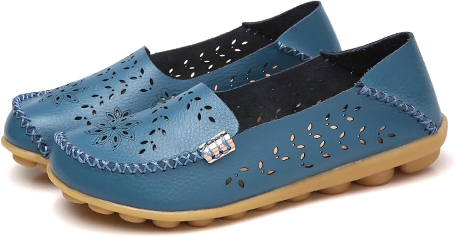 Womens Boat Shoes Casual Breathable Loafers for Walking Slip On Nurse Shoes Comfortable Flat Sandals Hollow Out Faux Leather Summer Shoe for All Day Wear