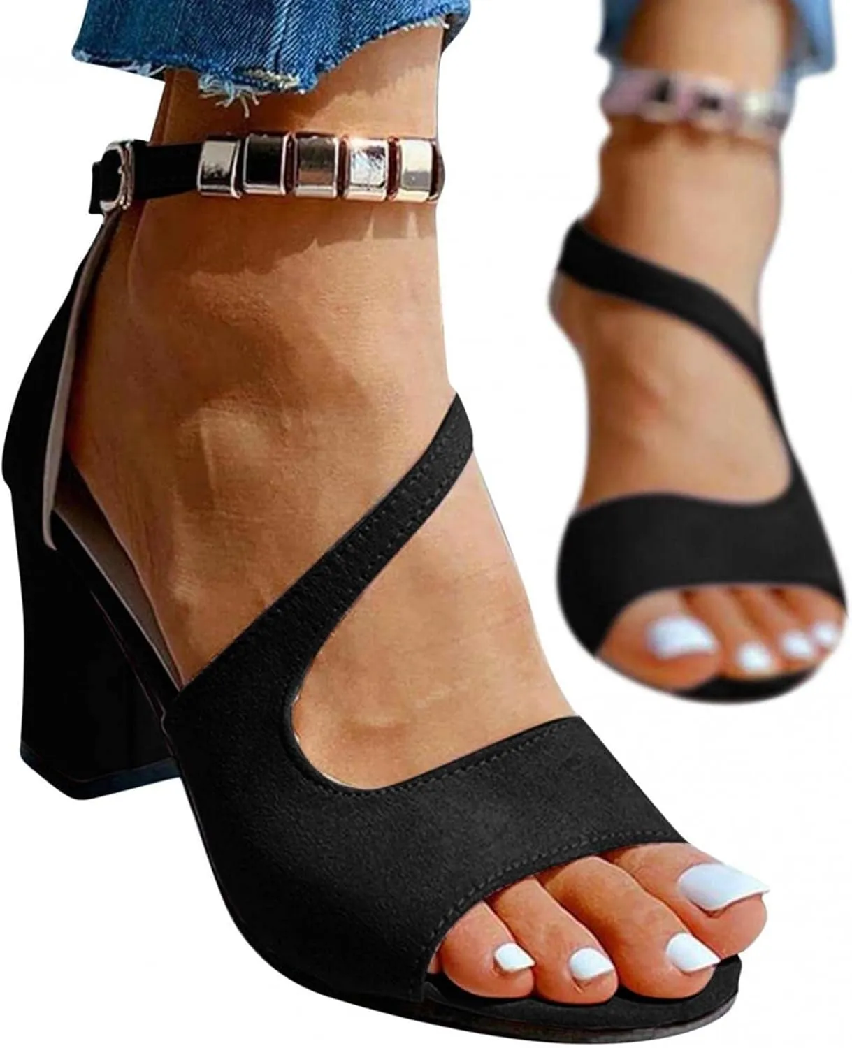 Womens Buckle Strap Chunky Sandals Summer Casual Fish Mouth Peep Toe Beaded Hollow Thick High Heels Sandalias Novelty Comfy Outdoor Ladies Shoes