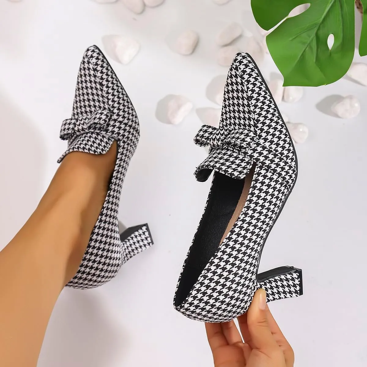 Women's Closed Pointed Toe Work Heels Loafer Low Chunky Block Heeled Slip On Loafers Dressy Bowknot Pumps Plaid Cloth Shoes for Women Office Business 2.95-inch