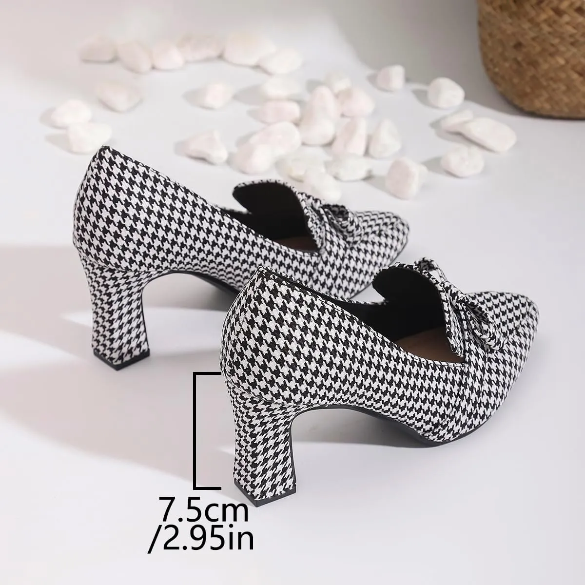 Women's Closed Pointed Toe Work Heels Loafer Low Chunky Block Heeled Slip On Loafers Dressy Bowknot Pumps Plaid Cloth Shoes for Women Office Business 2.95-inch
