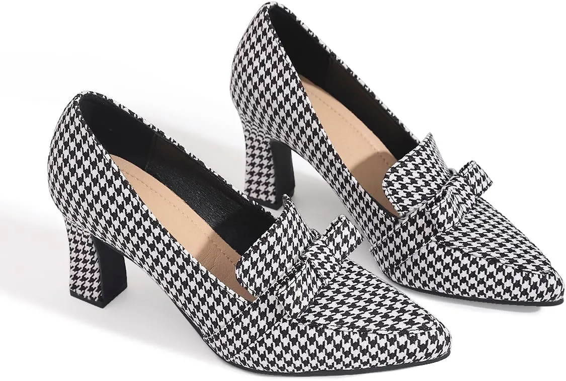 Women's Closed Pointed Toe Work Heels Loafer Low Chunky Block Heeled Slip On Loafers Dressy Bowknot Pumps Plaid Cloth Shoes for Women Office Business 2.95-inch