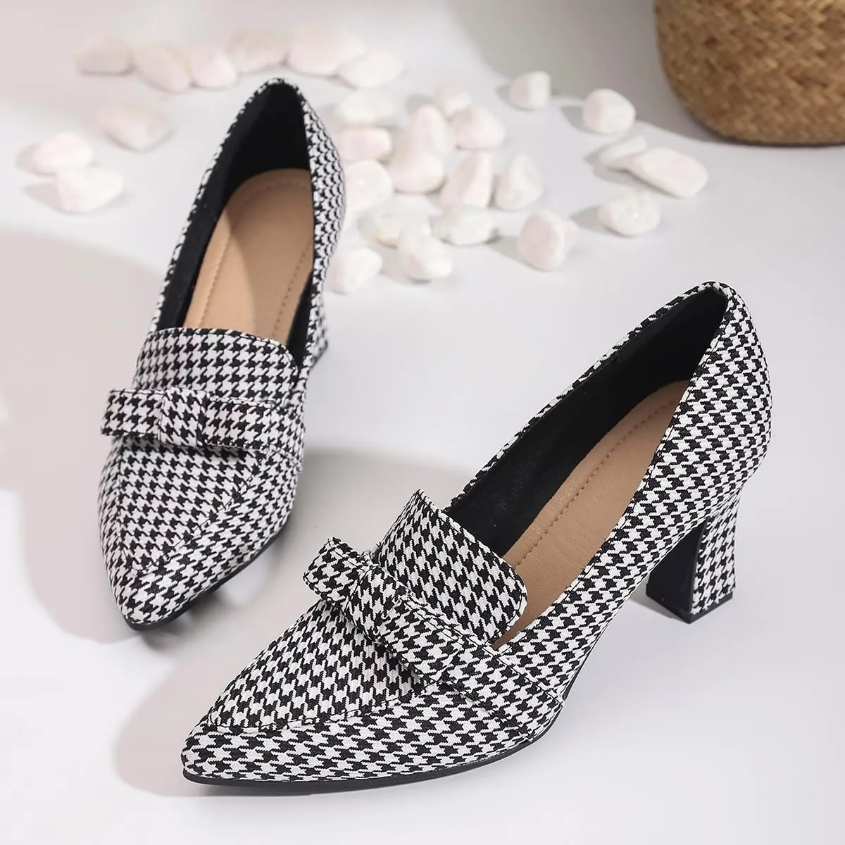 Women's Closed Pointed Toe Work Heels Loafer Low Chunky Block Heeled Slip On Loafers Dressy Bowknot Pumps Plaid Cloth Shoes for Women Office Business 2.95-inch