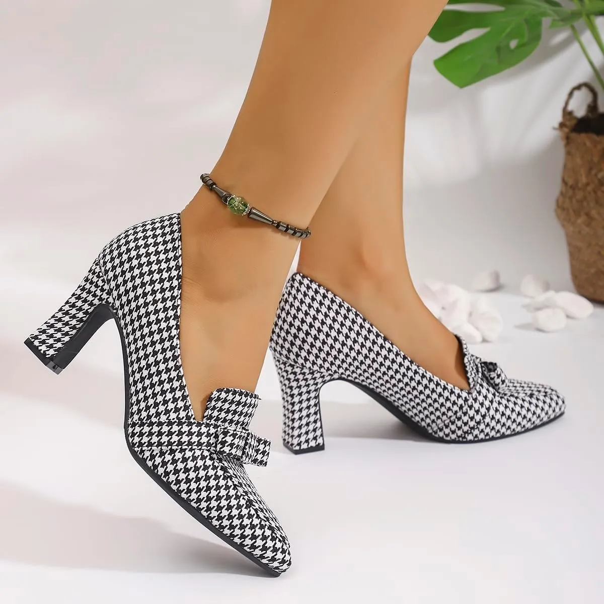 Women's Closed Pointed Toe Work Heels Loafer Low Chunky Block Heeled Slip On Loafers Dressy Bowknot Pumps Plaid Cloth Shoes for Women Office Business 2.95-inch