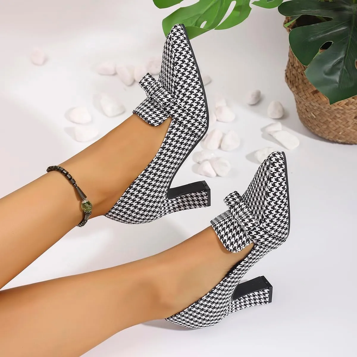 Women's Closed Pointed Toe Work Heels Loafer Low Chunky Block Heeled Slip On Loafers Dressy Bowknot Pumps Plaid Cloth Shoes for Women Office Business 2.95-inch