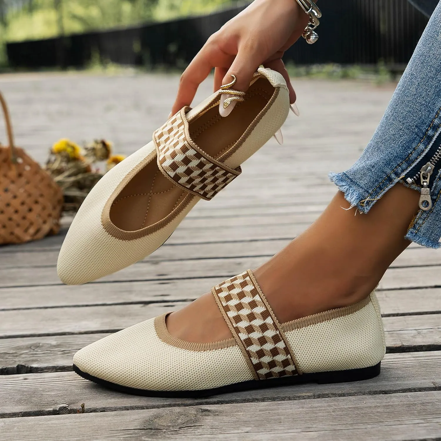 Women's Colour Blocking Lattice Shallow Mouth Hollow Flat Bottom Comfortable Single Elegant Shoes Trendy Slip on No Slip