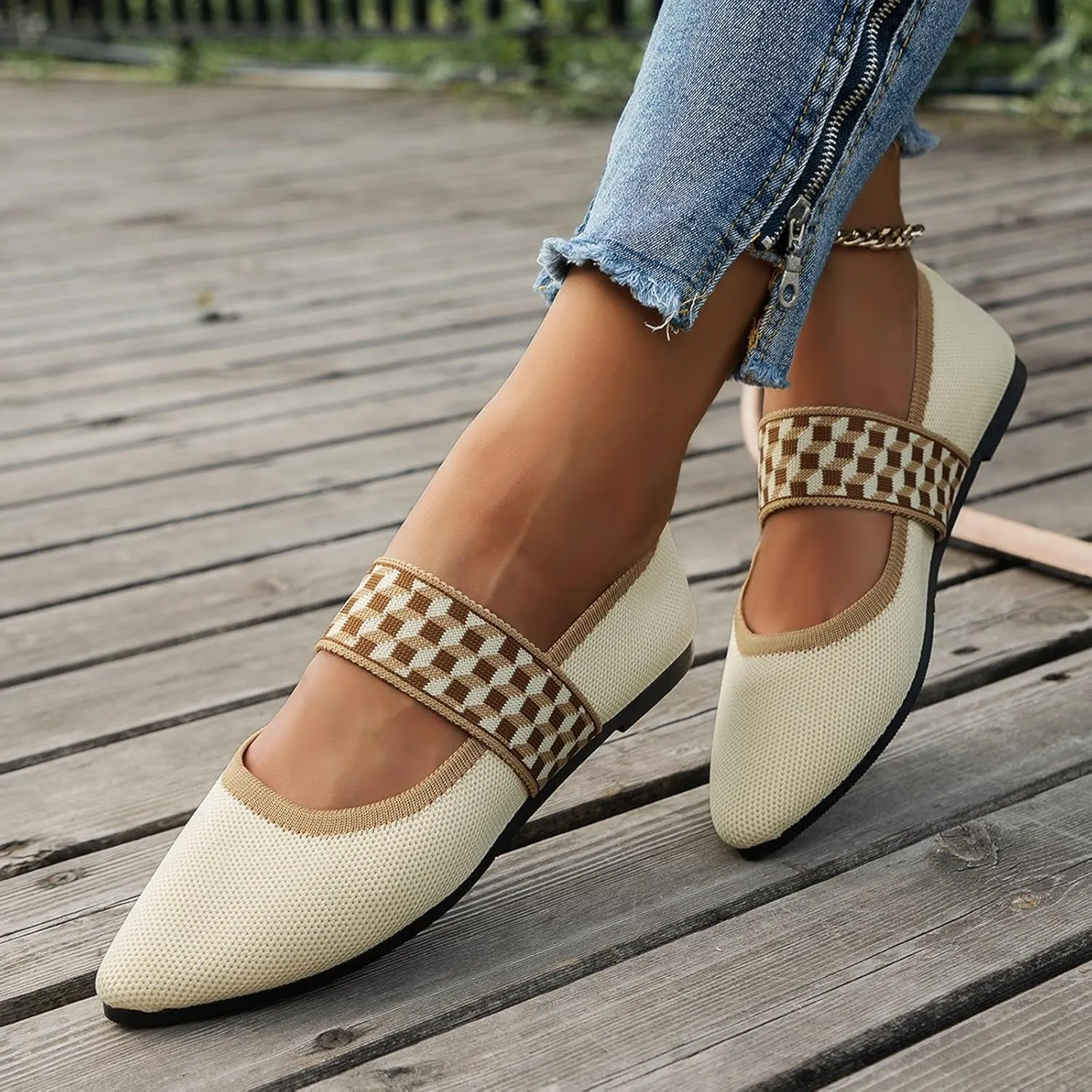 Women's Colour Blocking Lattice Shallow Mouth Hollow Flat Bottom Comfortable Single Elegant Shoes Trendy Slip on No Slip