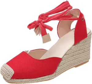 Women's Espadrille Wedge Sandals Lace Up Closed Toe Sandal Ankle Strap Summer Shoes Platform Heeled Shoe Business Work Shoes Dressy Casual Slippers Walking Outdoor Slipper