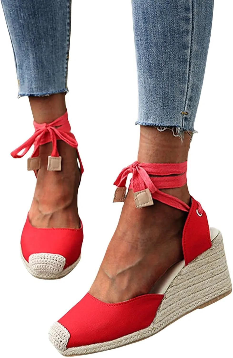 Women's Espadrille Wedge Sandals Lace Up Closed Toe Sandal Ankle Strap Summer Shoes Platform Heeled Shoe Business Work Shoes Dressy Casual Slippers Walking Outdoor Slipper