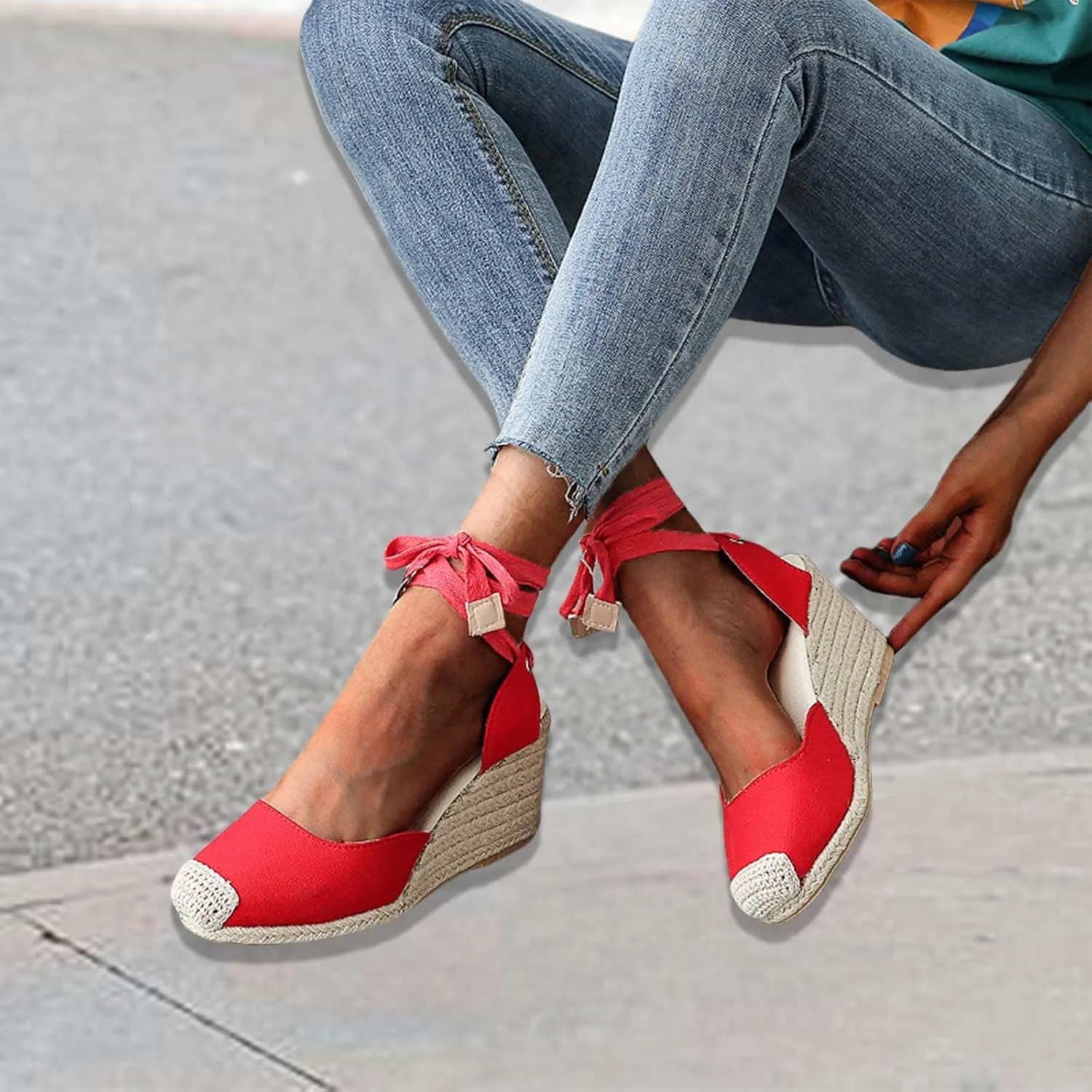 Women's Espadrille Wedge Sandals Lace Up Closed Toe Sandal Ankle Strap Summer Shoes Platform Heeled Shoe Business Work Shoes Dressy Casual Slippers Walking Outdoor Slipper