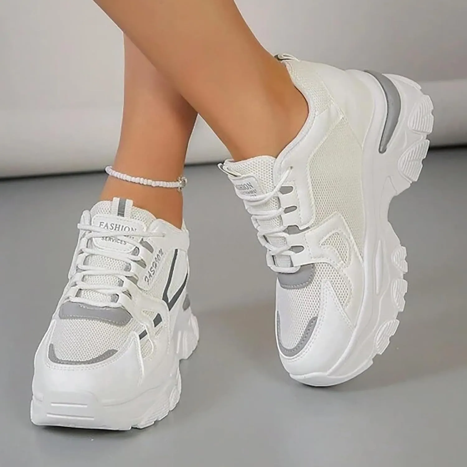 Women’s Fashion Platform Sneakers Breathable White Leather Mesh Teenage Girls Comfort Casual Sport Walking Shoes Arch support