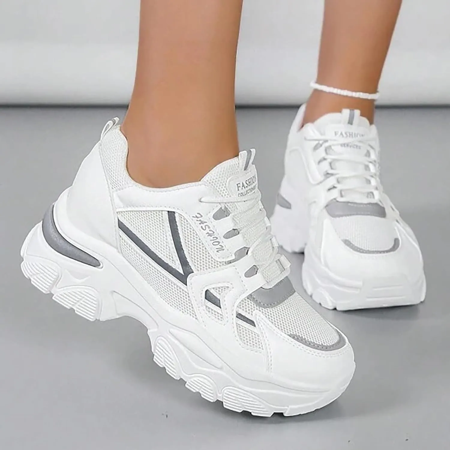Women’s Fashion Platform Sneakers Breathable White Leather Mesh Teenage Girls Comfort Casual Sport Walking Shoes Arch support