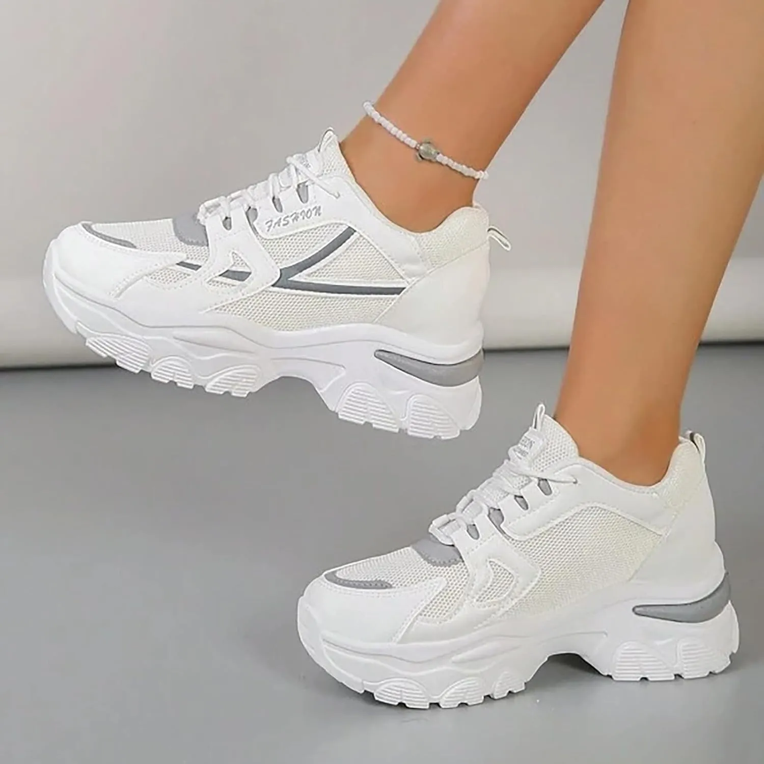 Women’s Fashion Platform Sneakers Breathable White Leather Mesh Teenage Girls Comfort Casual Sport Walking Shoes Arch support