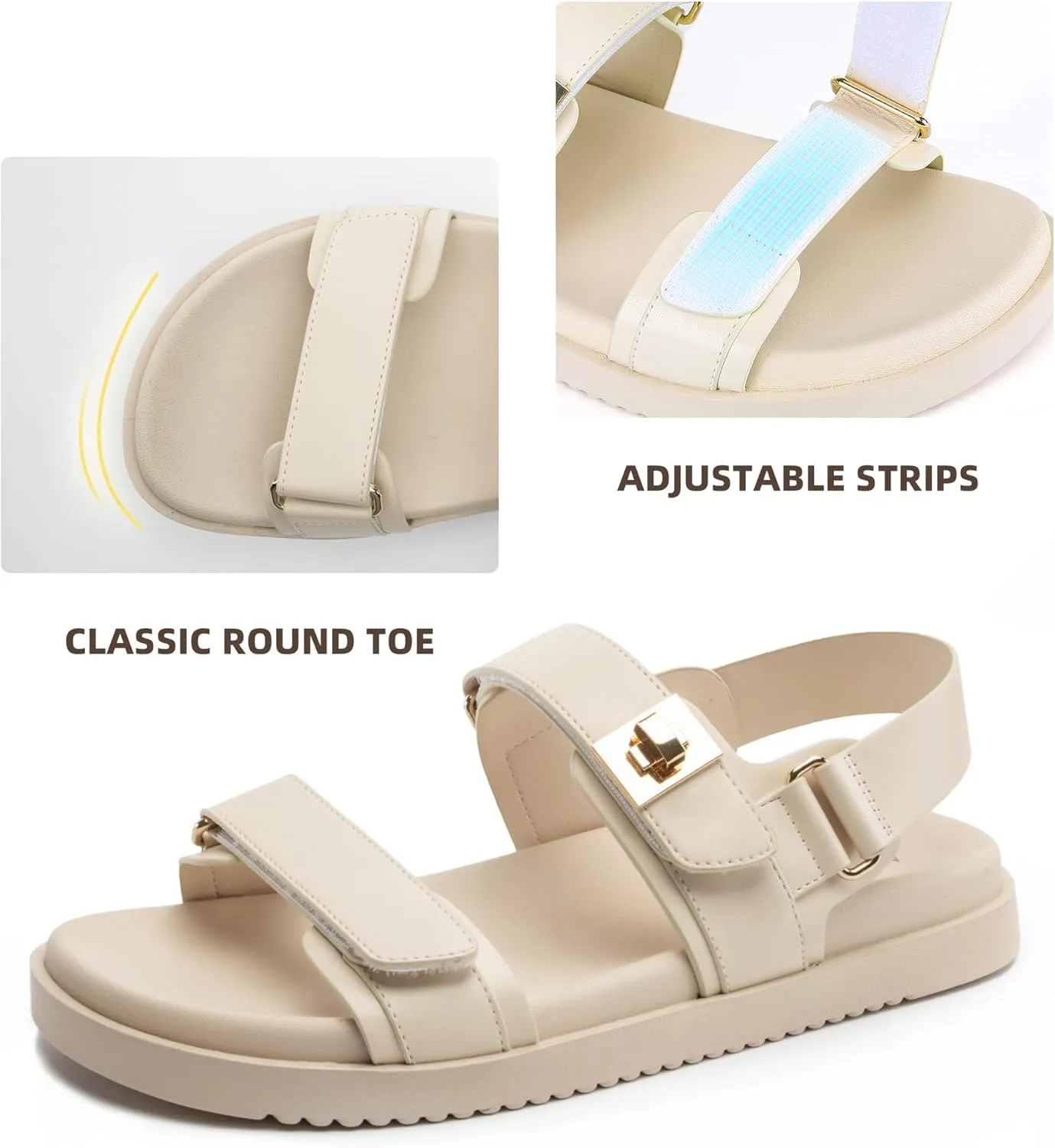 Women's Flat Sandals Adjustable Double Strap Slide Sandals Open Toe Slip on Shoes Resistant Leather Footbed Comfort Sandals Dressy for Summer Beach Vacation