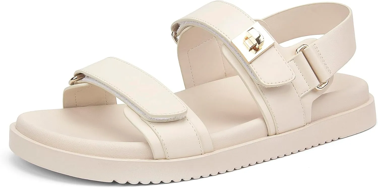 Women's Flat Sandals Adjustable Double Strap Slide Sandals Open Toe Slip on Shoes Resistant Leather Footbed Comfort Sandals Dressy for Summer Beach Vacation