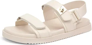 Women's Flat Sandals Adjustable Double Strap Slide Sandals Open Toe Slip on Shoes Resistant Leather Footbed Comfort Sandals Dressy for Summer Beach Vacation