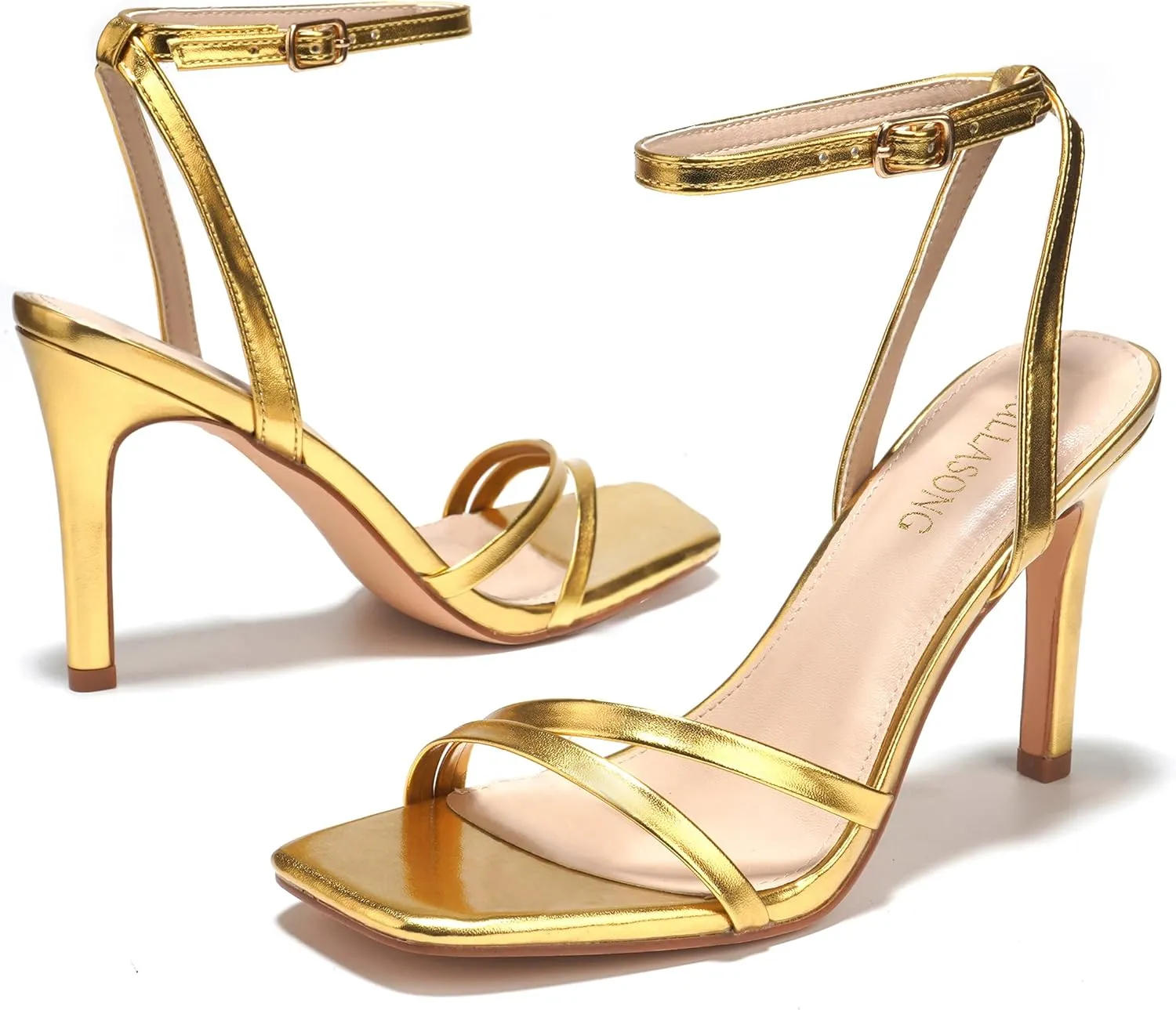 Women's Heels Strappy Ankle Strap High Heels 3.5 Inch Heeled Square Open Toe Sandals for Women