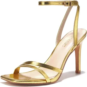 Women's Heels Strappy Ankle Strap High Heels 3.5 Inch Heeled Square Open Toe Sandals for Women