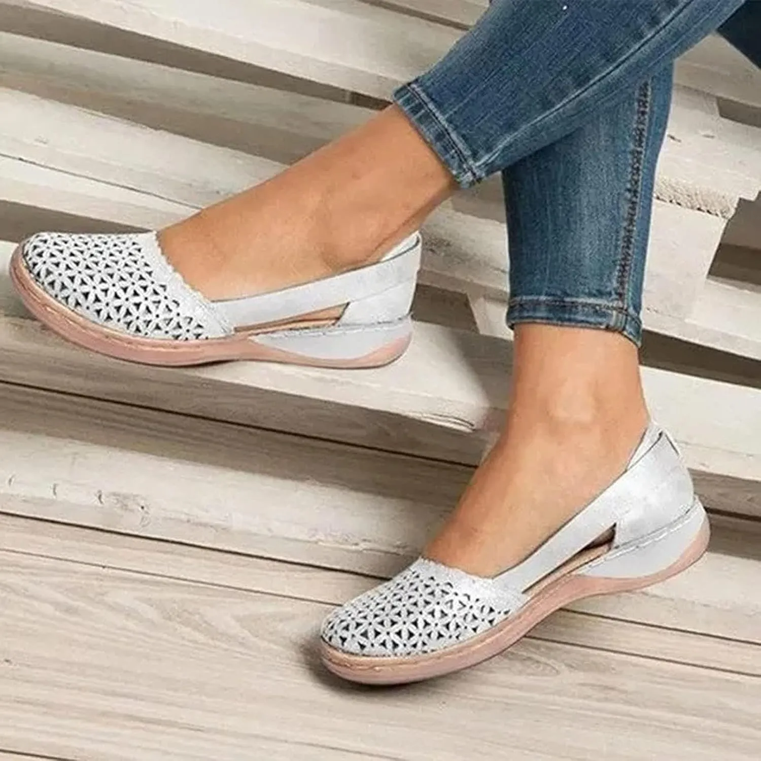 Womens Hollow Out Ballet Flats Slip On Round Toe Shoes Mary Jane Flats Low Heels Faux Leather Sandals Dressy Sandals for Office Work Casual Walking Shoes Comfort Wear Lightweight Footwear for Women