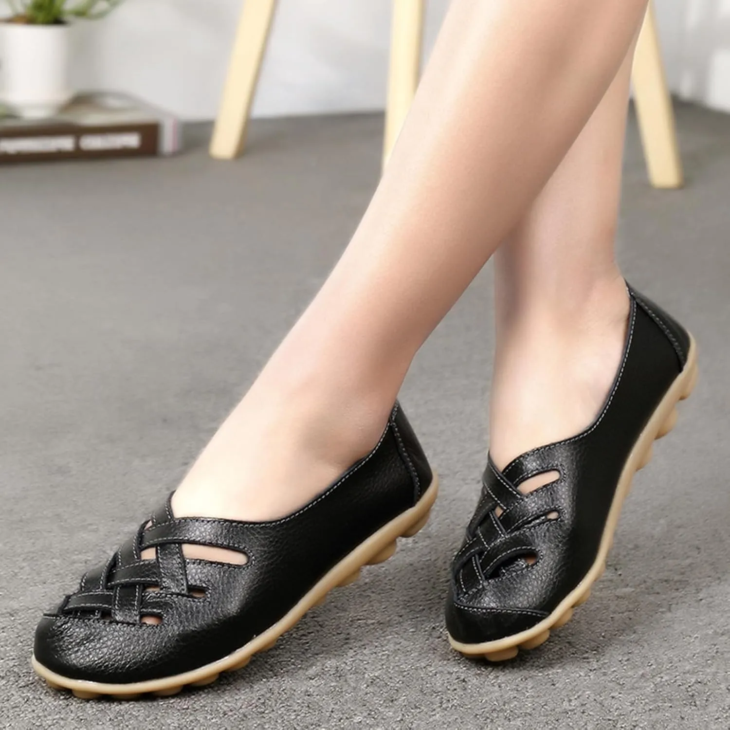 Women's Leather Loafers Walking Casual Orthopedic Loafers Summer Breathable Driving Flats Comfortable Slip On Baech Shoes