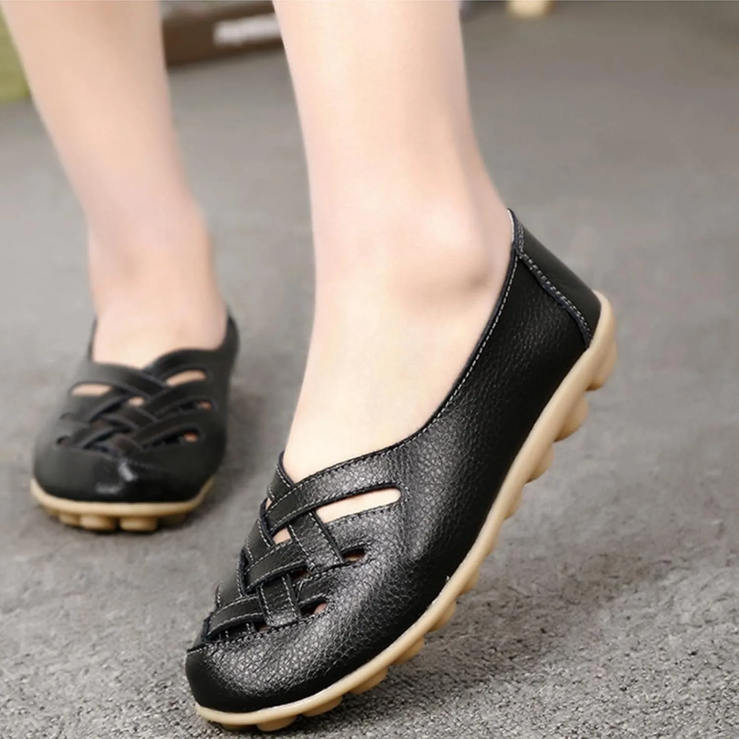 Women's Leather Loafers Walking Casual Orthopedic Loafers Summer Breathable Driving Flats Comfortable Slip On Baech Shoes