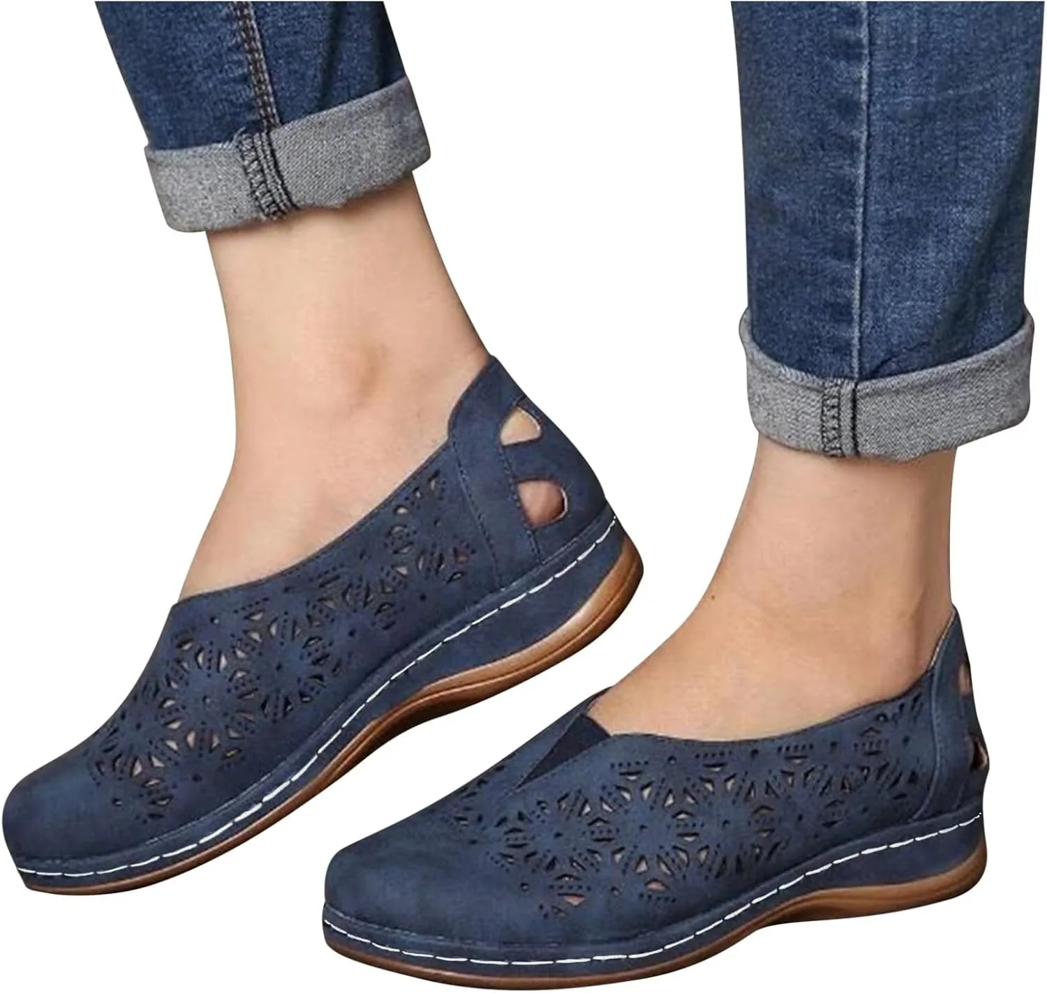 Womens Loafers Comfortable Dressy Wide Width Hollow Out Closed Toe Shoes Breathable Walking Sandals Slip On Summer Sandals Soft Flats for Women Casual Lightweight