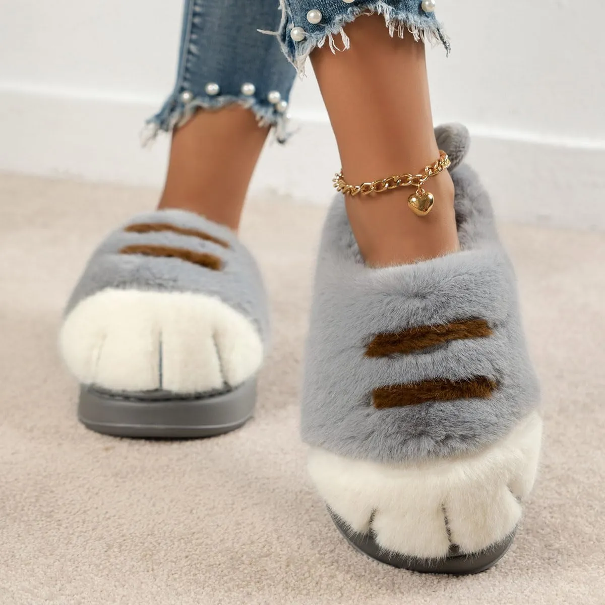 Womens Mens Animal Slippers Cute Cartoon Slippers Winter Warm Animal Couple Slippers Plush Fuzzy Cat Paw Slippers
