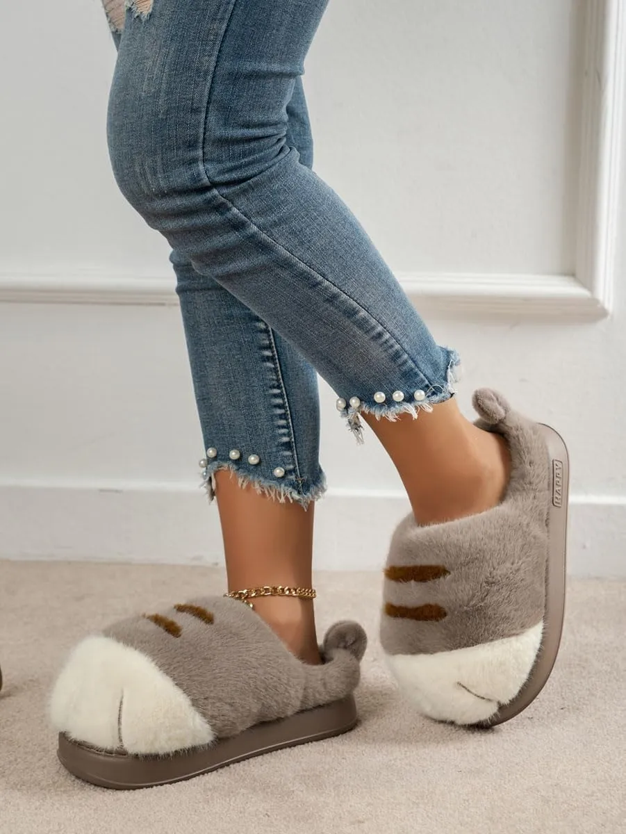 Womens Mens Animal Slippers Cute Cartoon Slippers Winter Warm Animal Couple Slippers Plush Fuzzy Cat Paw Slippers