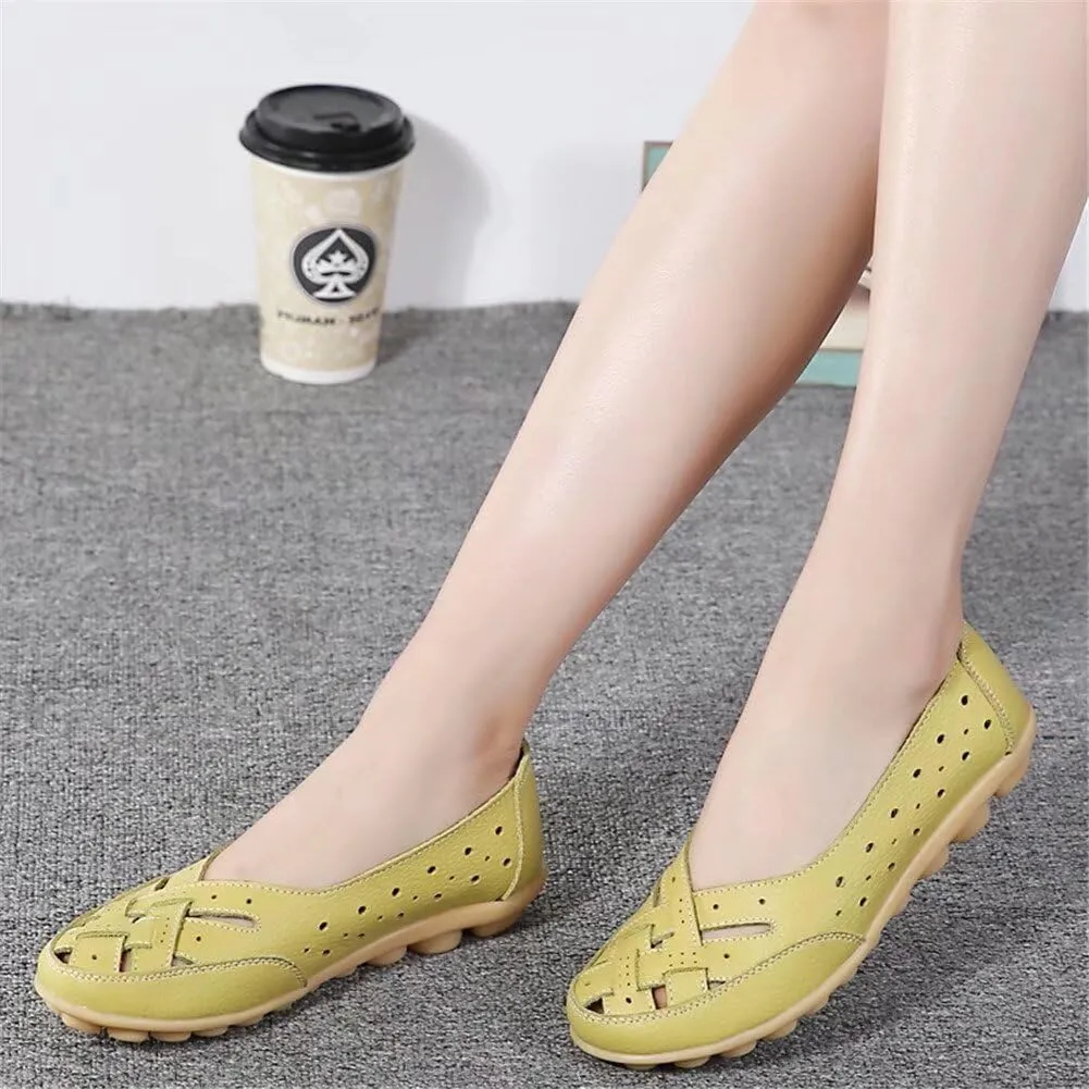 Womens Orthopedic Loafers in Breathable Leather Comfortable Hollow Soft Flats Sandals Summer Casual Slip-On Shoes