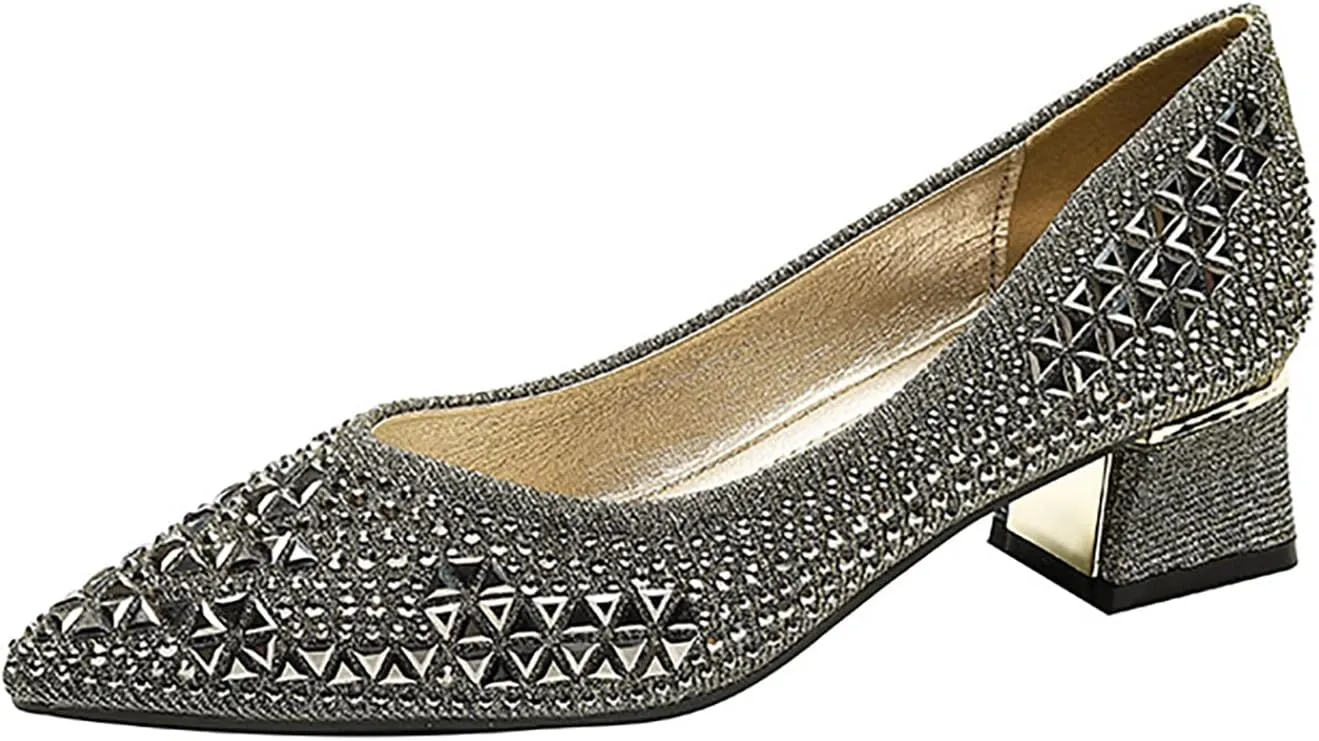 Women's Pointed Toe Block Heels Pumps,Chunky Low Heels Closed Toe Comfort Slip On Work Heels Sequins Dress Shoes Wide Feet Big Size