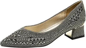 Women's Pointed Toe Block Heels Pumps,Chunky Low Heels Closed Toe Comfort Slip On Work Heels Sequins Dress Shoes Wide Feet Big Size