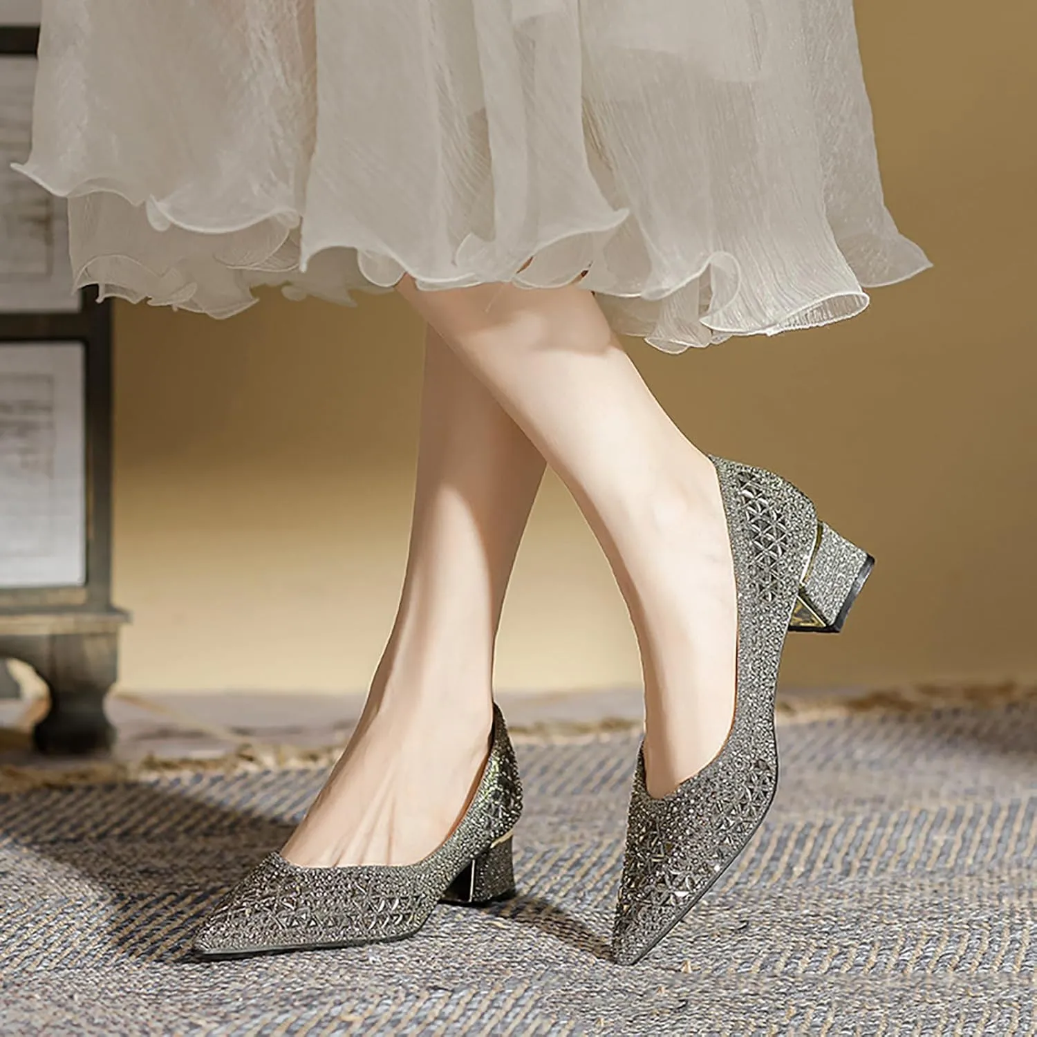 Women's Pointed Toe Block Heels Pumps,Chunky Low Heels Closed Toe Comfort Slip On Work Heels Sequins Dress Shoes Wide Feet Big Size