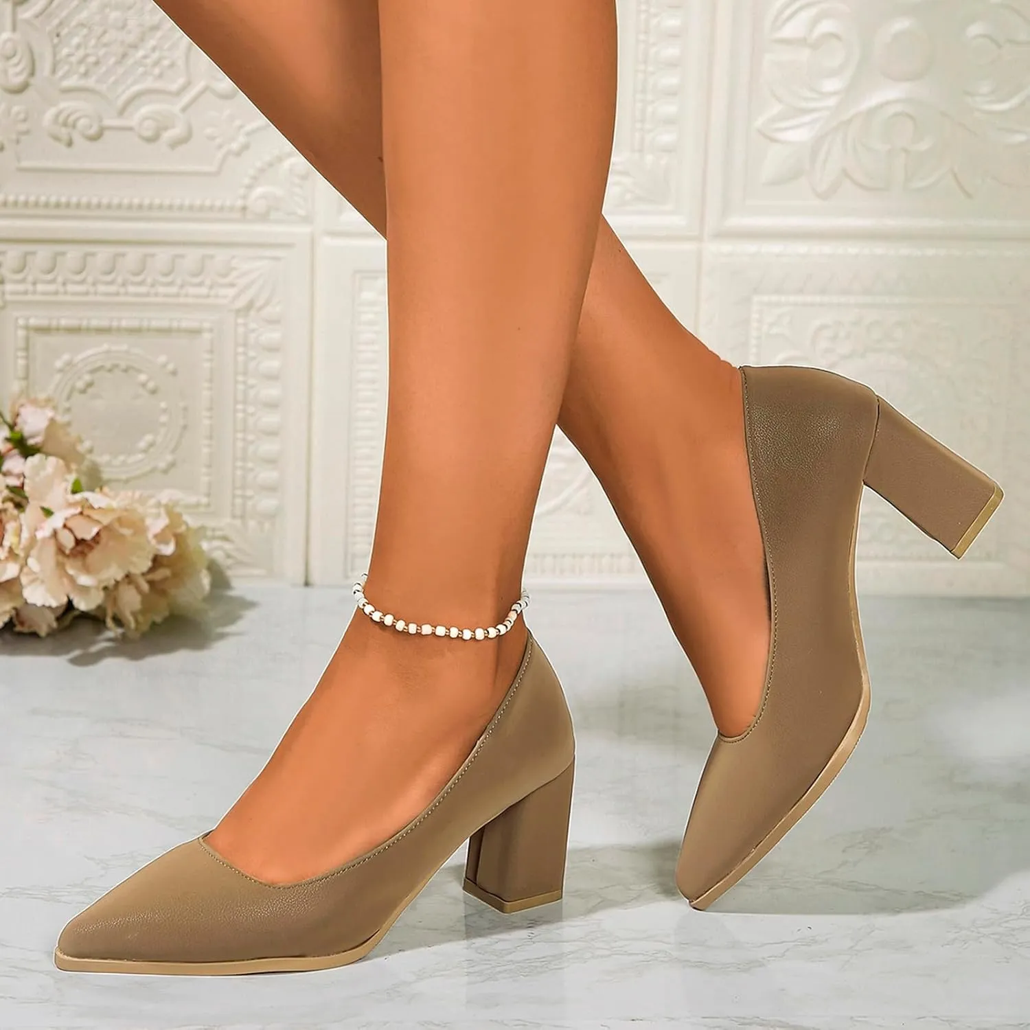 Womens Work Heels Nude Block Heel Loafers Close Toed Chunky Pumps Dress Shoes Suede Office Shoes Slip On Loafer
