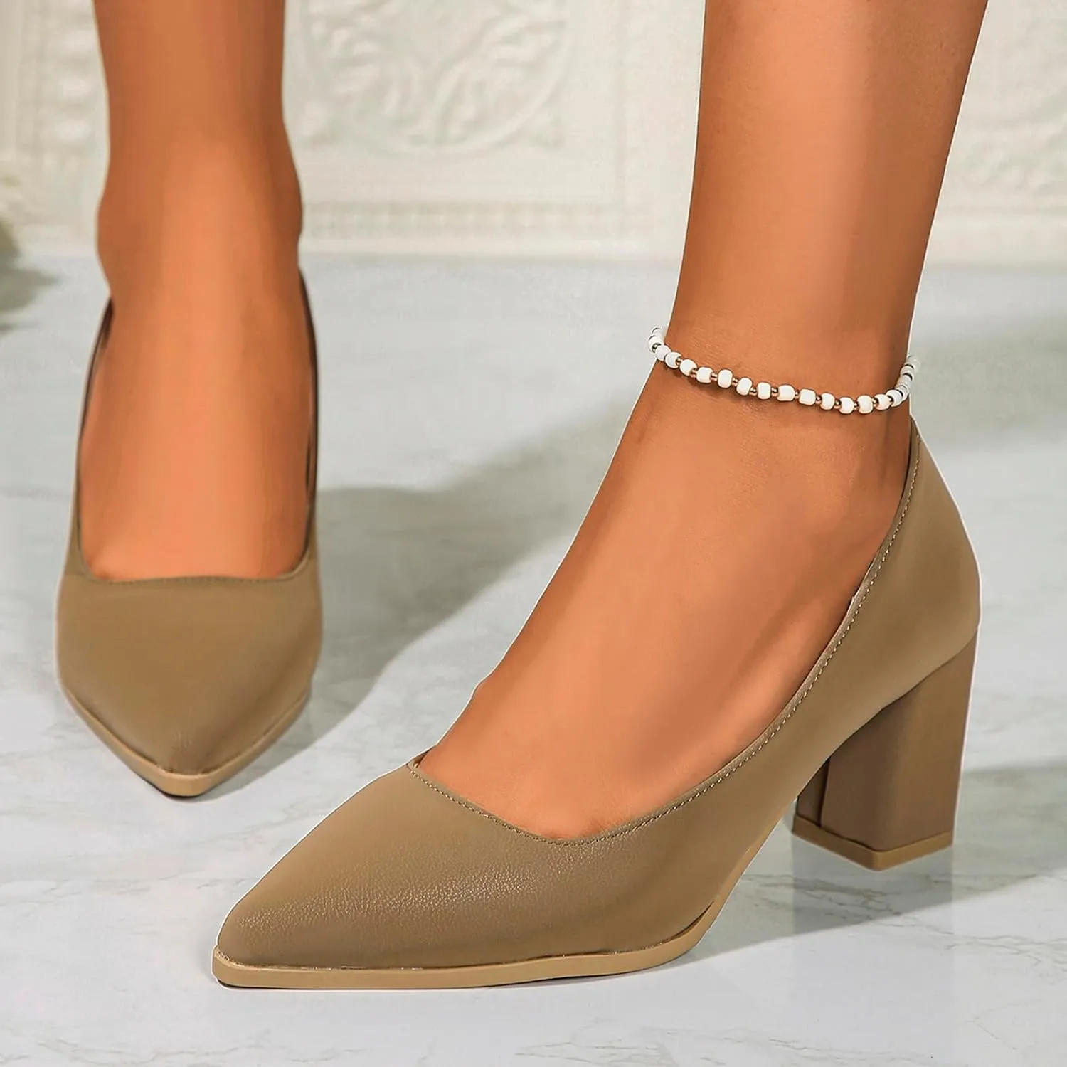 Womens Work Heels Nude Block Heel Loafers Close Toed Chunky Pumps Dress Shoes Suede Office Shoes Slip On Loafer