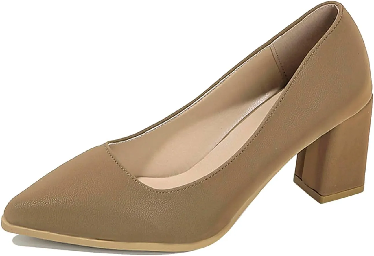 Womens Work Heels Nude Block Heel Loafers Close Toed Chunky Pumps Dress Shoes Suede Office Shoes Slip On Loafer