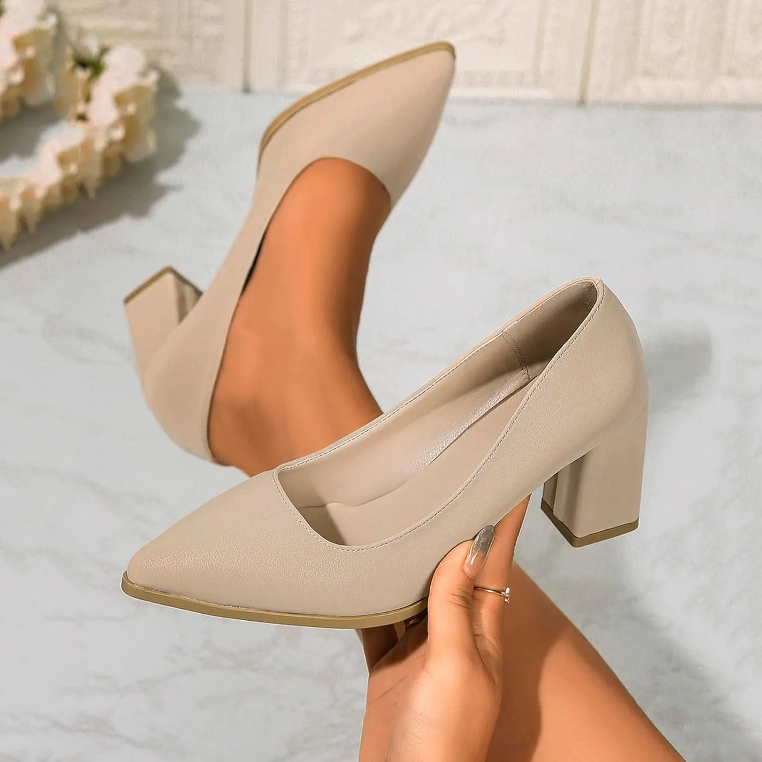 Womens Work Heels Nude Block Heel Loafers Close Toed Chunky Pumps Dress Shoes Suede Office Shoes Slip On Loafer