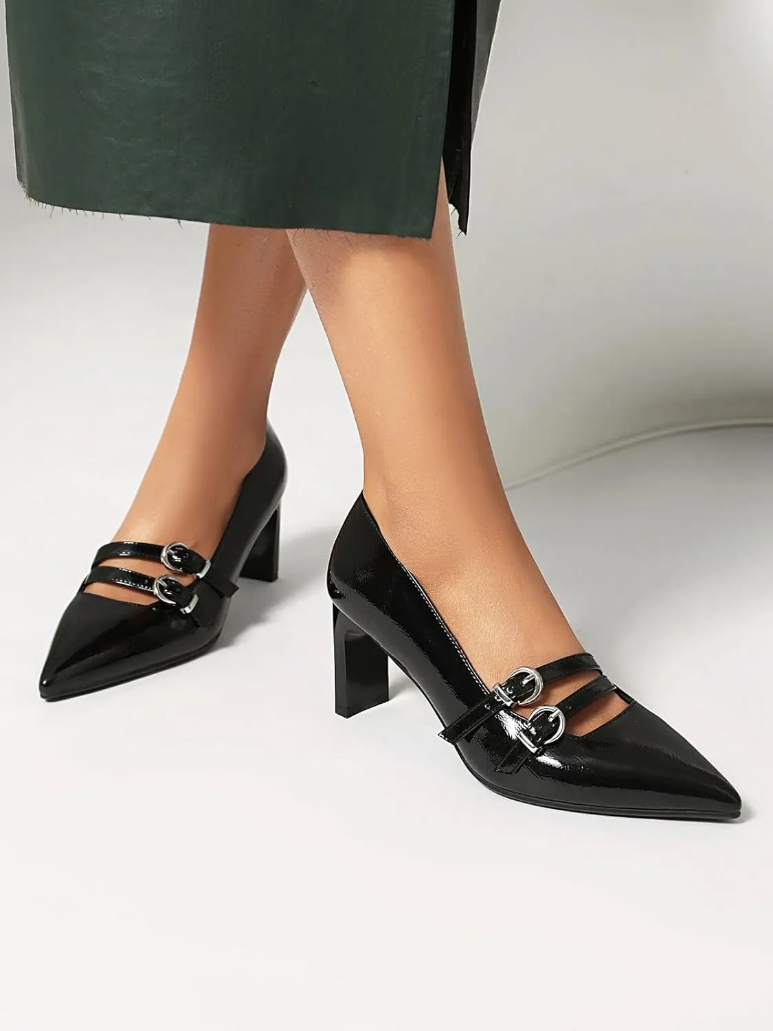 XIEDA Women's Pointed Toe Block Heels High Heel Pumps Office Work Heels Dress Shoes